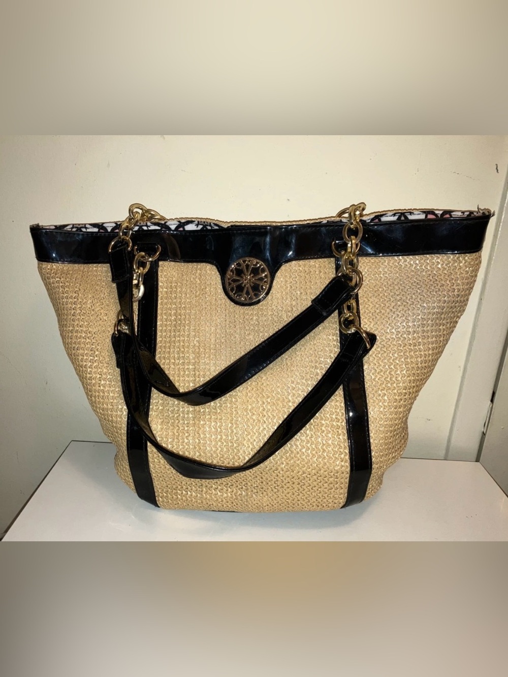 Woven Straw Tote with Black Patent Trim